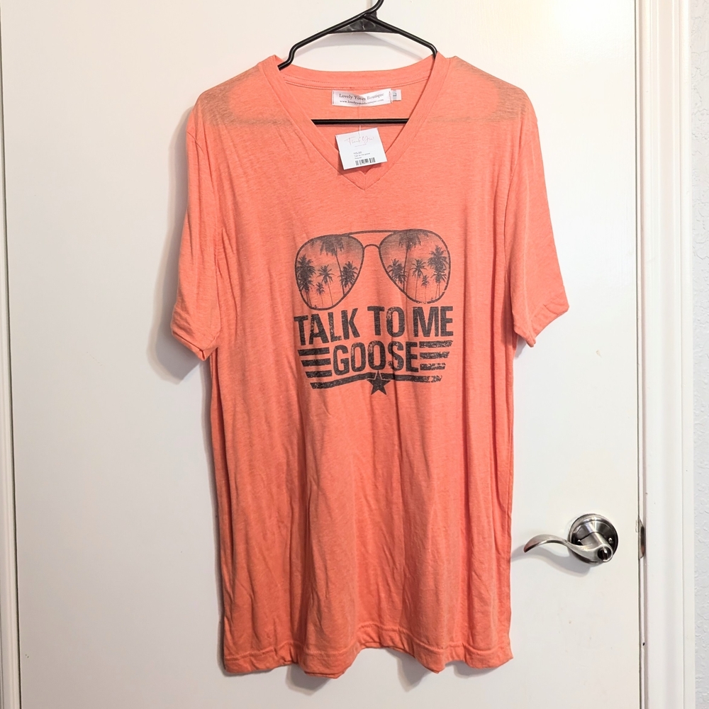 Talk To Me Goose V-Neck T-Shirt - Coral Orange - Size L